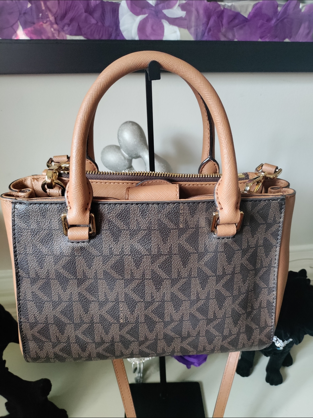 Michael Kors Brown Logo Satchel with Tan Handles and Gold Studs - Picture 2 of 7